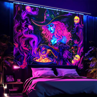 BSFHH Black Light Tapestry – UV Reactive Glow in the Dark Wall Hanging, Spooky Night Scene with Ghosts & Pumpkins, Haunting Home Decor for Parties, Bedroom, or Dorm (Witches, 79L x 59W, Unframed)