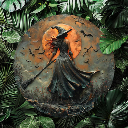 Classic Witch on Broomstick Round Aluminum Sign Halloween Autumn Wall Hanging Decorative Signs & Plaques 8x8 Inch Rustic Style Wall Decor for Halloween, Autumn, Living Room, Bedroom