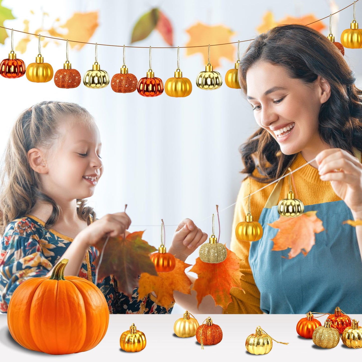 JULMELON 36 Pcs Fall Tree Ornaments, Mini Glitter Pumpkin Hanging Decor