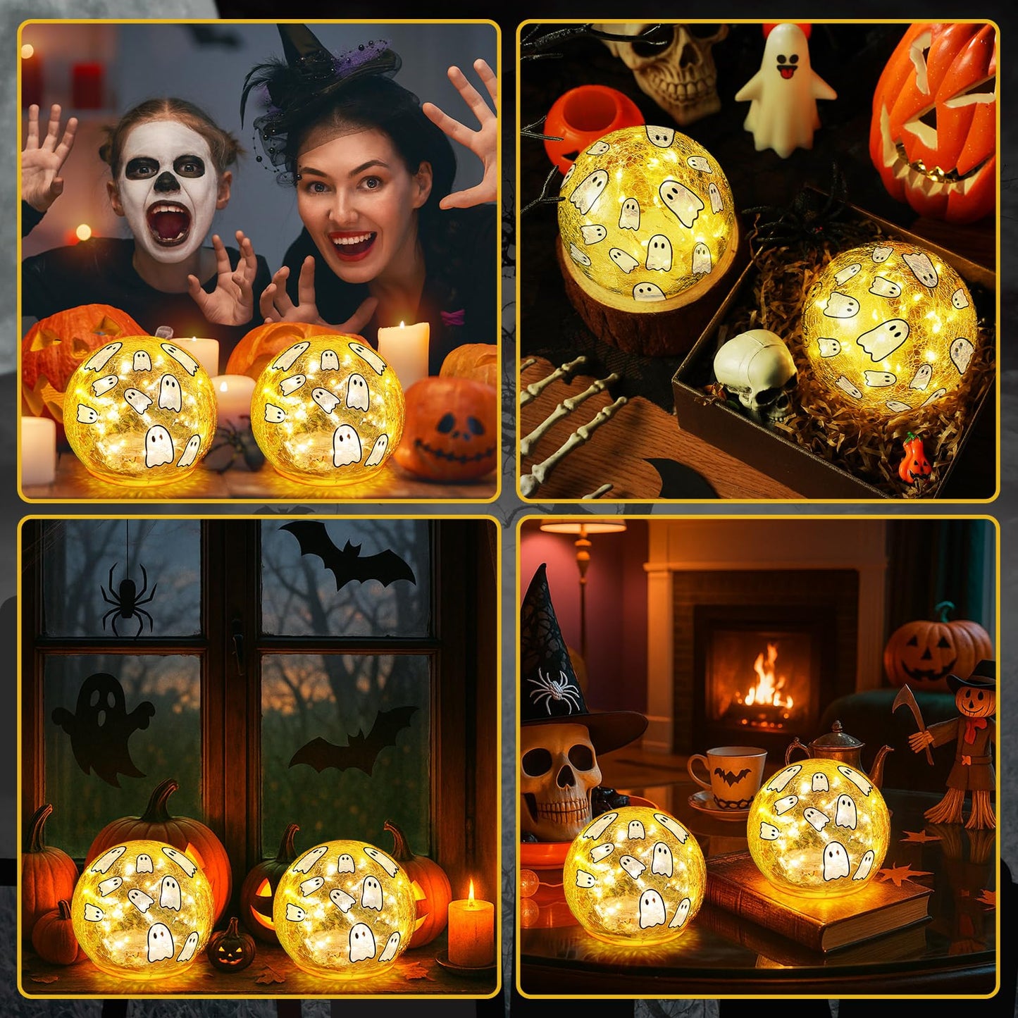 Tujoe 2 Pcs Halloween Decorations Indoor 4" Ghost Crackle Glass Globe Ball Lamp Night Lights with LED Timer Battery Operated Lighted Decorative Tabletop Decor for Table Home Centerpiece Party Gift