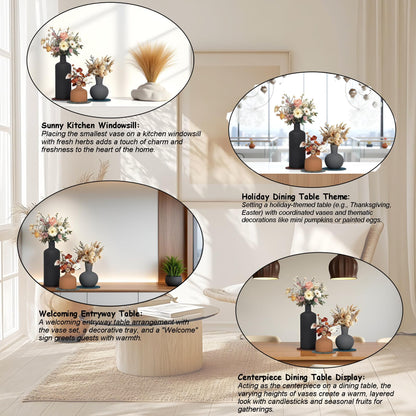 Ceramic Vase Set of 3 - Matte Textured Rustic Farmhouse Vases Home Decor, Modern Neutral Flowers Vases for Shelves Decor, Kitchen Shelf, Living Room, Mantel and Entryway with Non-Slip Pads