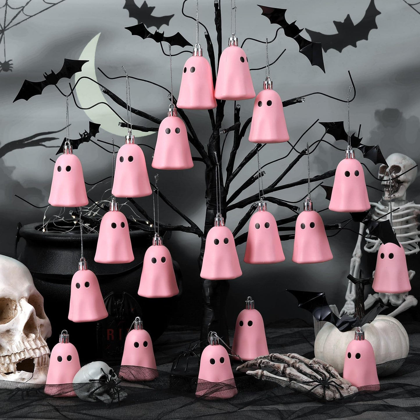 Tigeen 24 Pcs Halloween Hanging Ornaments Cute Ghost Decoration Halloween Tree Decoration Plastic Decorative Mini Ghost Ornaments for Home Tree Party Supplies (Cute,Pink)
