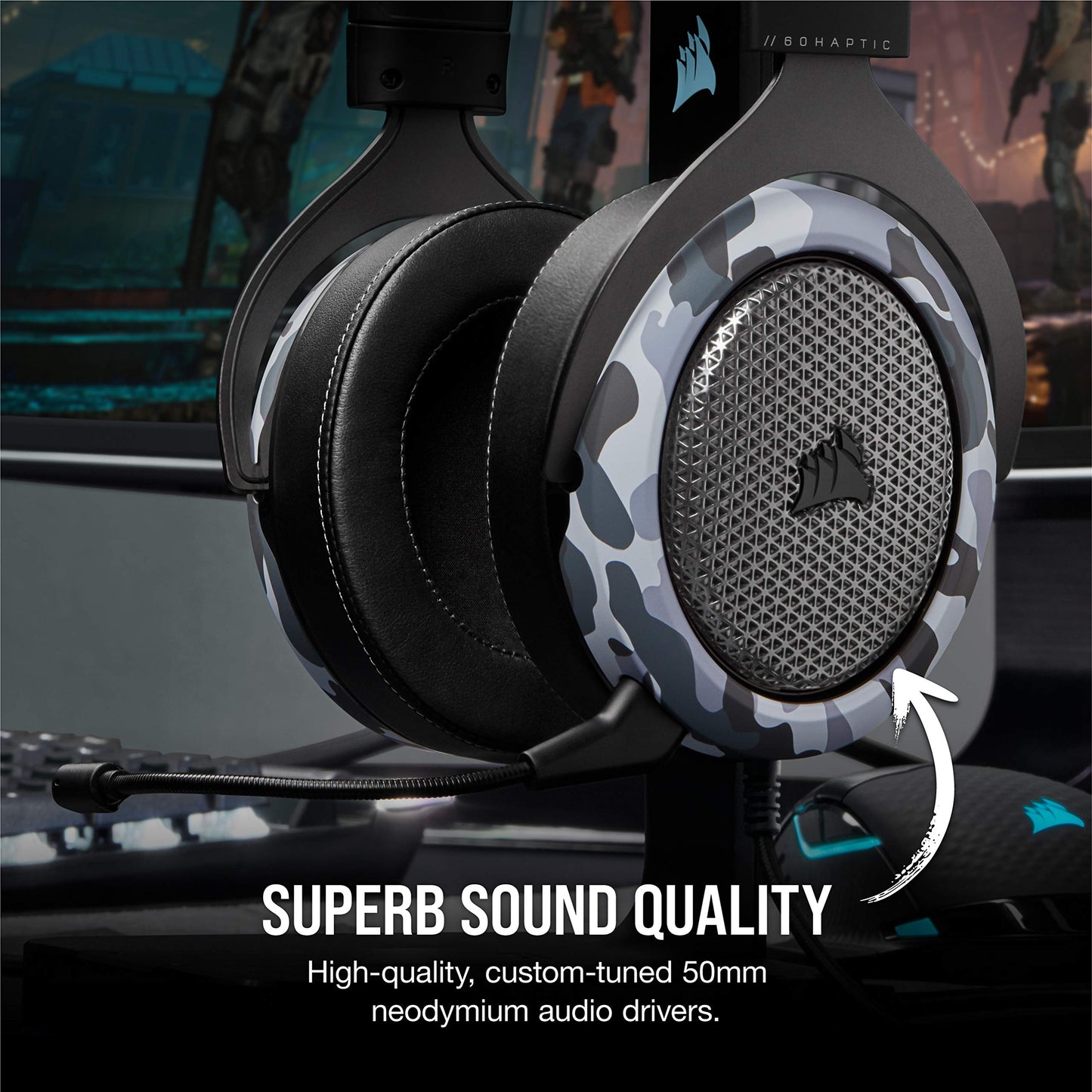 Corsair HS60 Haptic Stereo Gaming Headset with Haptic Bass, Memory Foam Earcups, Removable Microphone, Windows Sonic Compatible, Discord-Certified for PC - Arctic Camo