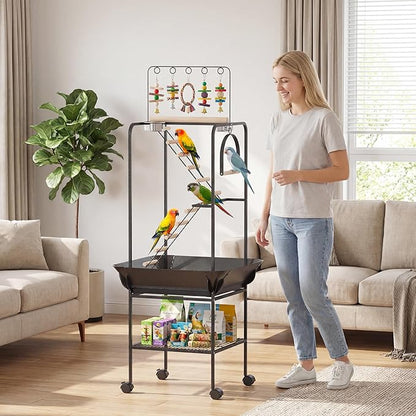 PawHut 64" H Rolling Bird Stand Parrot Playstand with Seed Guard & Wheels, Steel Bird Playground Gym with Ladders, Swing, Toy Hook & Bowls, Large Parrot Perch for Cockatiels, Conures, Parakeets