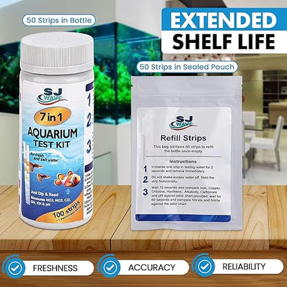 7 in 1 - Aquarium Test Strips | 100 Fast & Accurate Strips | Fish Tank Aquariums Water Test Kit & ebook | Aquarium Thermometer | Fish Tank Water Testing Kit for Fresh & Saltwater | Versatile Usage