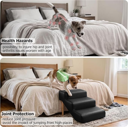 3-Step 15.7" H Dog Stairs for Pets up to 220lbs,Waterproof and Scratch PU Leather Pet Stairs with Oak Leg & Solid Wood Frame,Dog Ramp for Small Senior Large Dogs Cats,Non-Slip Feet,Black