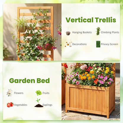 Giantex Wood Raised Garden Bed with Trellis, Outdoor Planter Box for Vines Flowers Vegetables, Herbs, Freestanding Plant Container Privacy Planters for Porch, Patio, Backyard