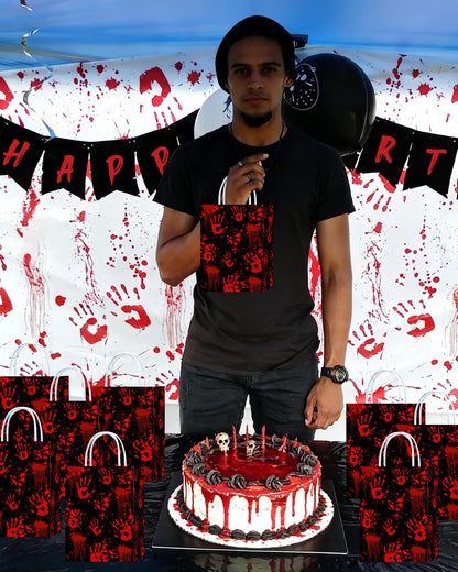 Roselush 16Pcs Bloody Goodie Gift Bags - Horror Bloody Handprint Party Favor Treat Bags for Bloody Birthday, Scary Movie Birthday Decorations, Serial Killer Halloween, Slasher Party Decorations