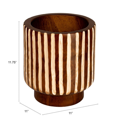 Creative Co-Op Hand-Carved Wood Planter with Stripes, Walnut Finish