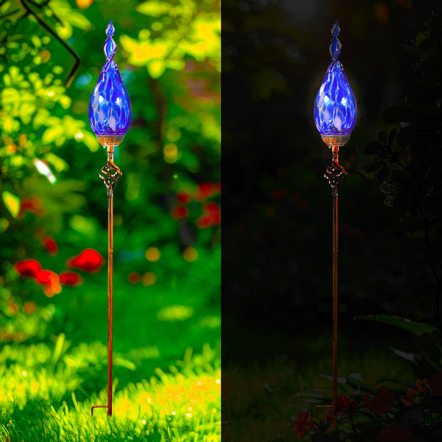 Naboher Solar Garden Lights Outdoor, Decorative LED Flame Garden Stakes, Hand Blown Glass and Outdoor Waterproof Glass Stakes (Dark Blue)