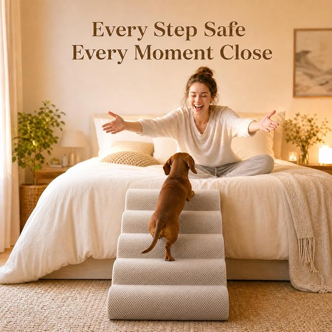 Dog Ramp for Bed,Pet Ramp for High Bed,Dog Stairs for Small & Medium Dogs,Curved Non-Slip Ladder for Older Dogs & Cats,24.4" H,5-Step (Gray)