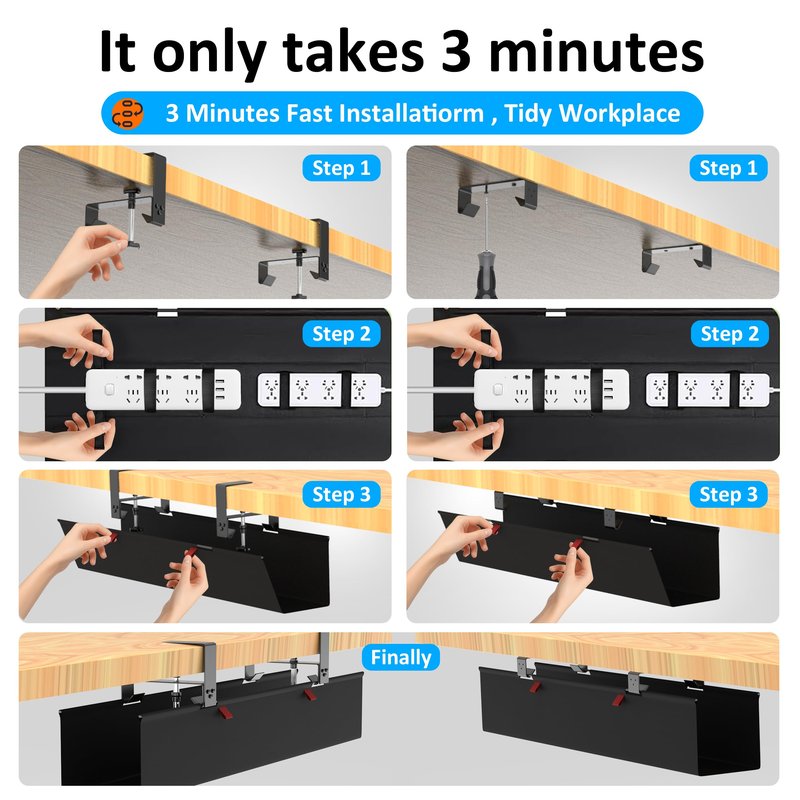 Cotohim Under Desk Cable Management Tray - Under Desk Cord Management - Clamp/Screw Mount - Fabric Wire Management - Cable Raceways Tray Cord Hiders for Office/Home (Black, 35.8"×5.6")