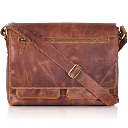 VALENCHI 15" Full Grain Leather Laptop Messenger Bag For Men & Women - Padded 15.3" Laptop Compartment, Ample Storage & Pockets, Premium Natural Leather (Cognac Vintage)