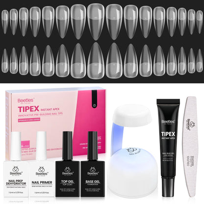 Beetles Tipex Instant Apex Nail Tips Kit, Coffin Long 224Pcs 16 Sizes Pre-Building & Pre-Etched Thicker Acrylic Nails False Nail Extension with Tipex Nail Glue Mini Nail Lamp