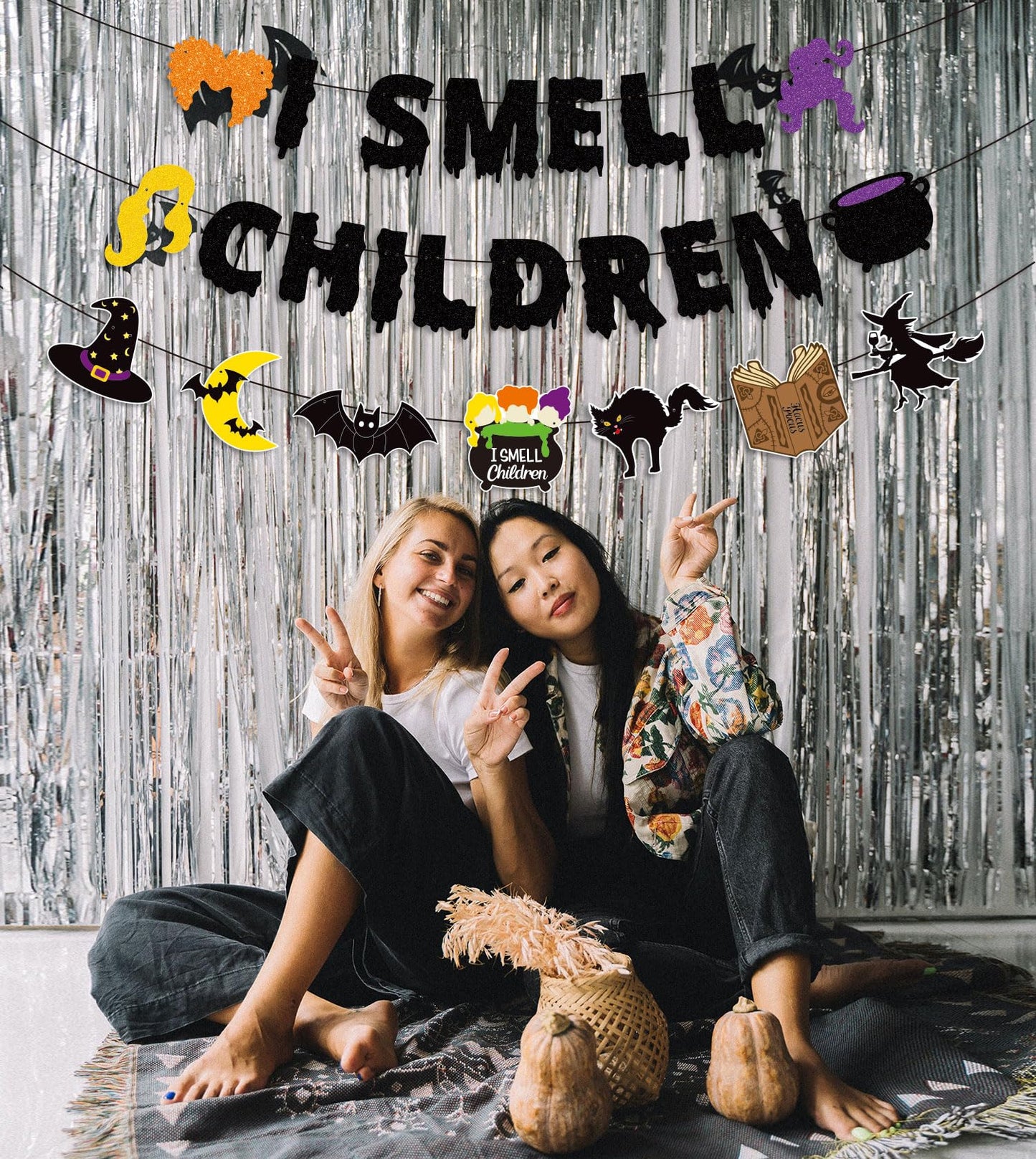 JOZON Black Glittery I Smell Children Banner with Witches Pot Signs Halloween Hocus Pocus Witches Garland Banner Halloween Holiday Haunted House Party Decorations for Mantle Fireplace Wall