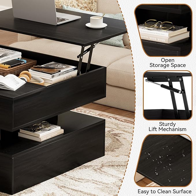 FABATO Lift Top Coffee Table with Storage and Hidden Compartment, Wood Square Coffee Table for Living Room,31.5'' Small Center Table with Open Display Shelf for Dining Reception Room, Black