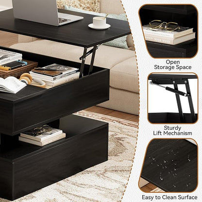 FABATO Lift Top Coffee Table with Storage and Hidden Compartment, Wood Square Coffee Table for Living Room,31.5'' Small Center Table with Open Display Shelf for Dining Reception Room, Black