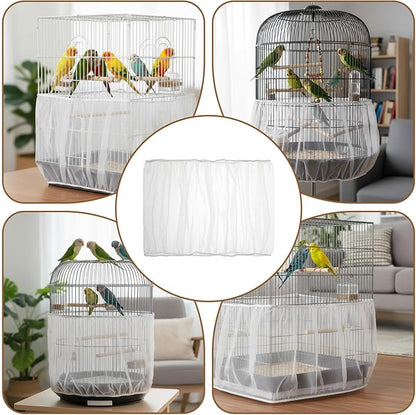 Bird Cage Net Seed Catcher Net Cove White Adjustable Breathable Mesh Parrot Cage Skirt Guard for Parrot Cockatiel Budgie Fits Round Square Cages