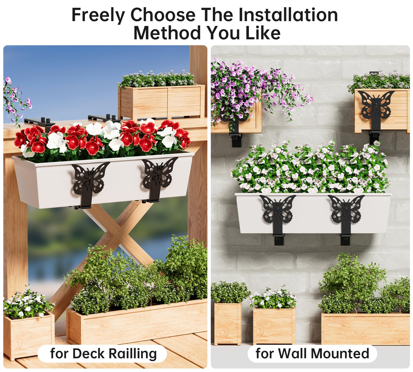 HFHOME Window Box Brackets, Adjustable Planter Box Brackets, Heavy Duty Flower Railing Planter Bracket for Balcony, with Enhanced Bottom Support, Perfect for Deck, Fence and Garden - Black (4 Pack)