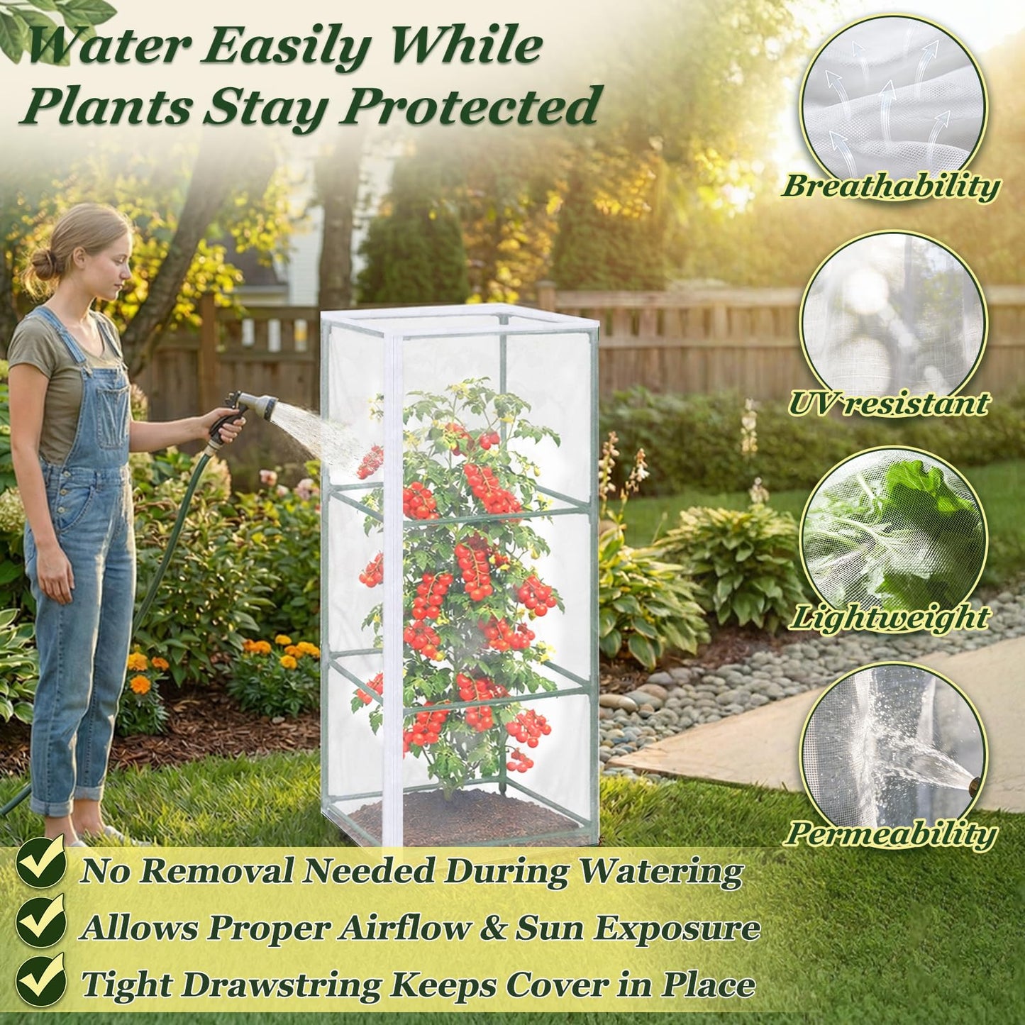 ComfyKit 3PCS Garden Bird Netting Plant Covers for Square Tomato Cage, 59" x 17.7" Reusable Tomato Cage Net with Zipper & Drawstring, Insect & Bird Barrier for Tomatoes, Fruits & Climbing Vines