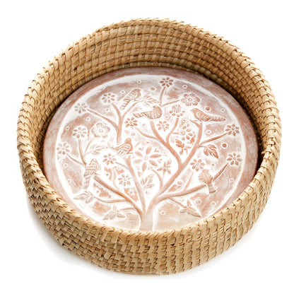 Better World Bio Bread Basket with Terracotta Warmer, Bread Basket for Serving, Sized 11.5" w x 11.5" l x 3.5" h, Nature Inspired Birds of a Feather Design