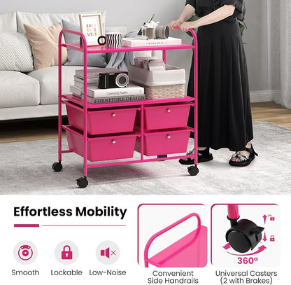 Giantex Rolling Storage Cart w/ 4 Drawers 2 Shelves Metal Rack Shelf Home Office School Beauty Salon Utility Organizer Cart with Wheels, Hot Pink
