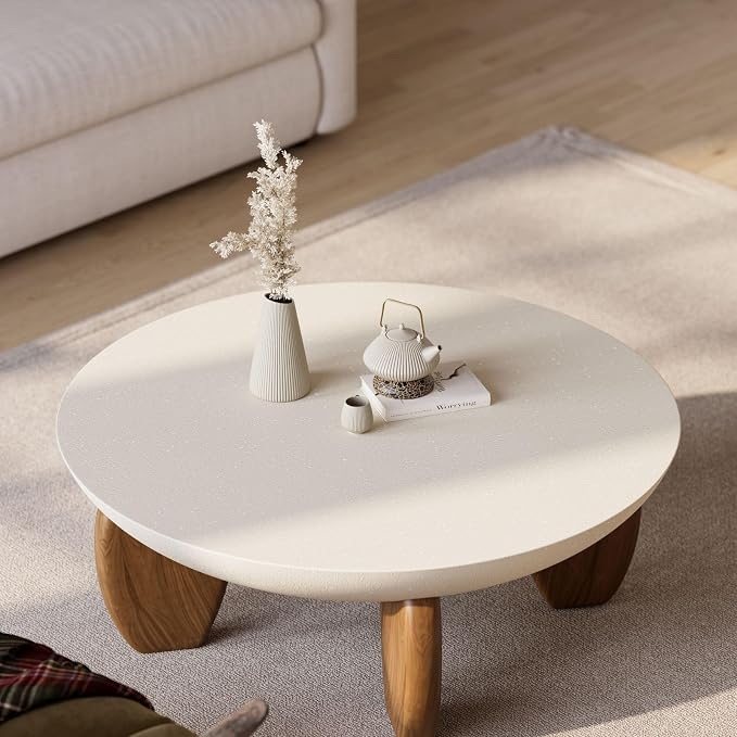 homary Round Concrete Coffee Table with Premium Walnut Ash Wood Legs, Modern Minimalist Cement Finish Center Table for Living Room (Beige, 37.4" W x 37.4" D x 14.4" H)