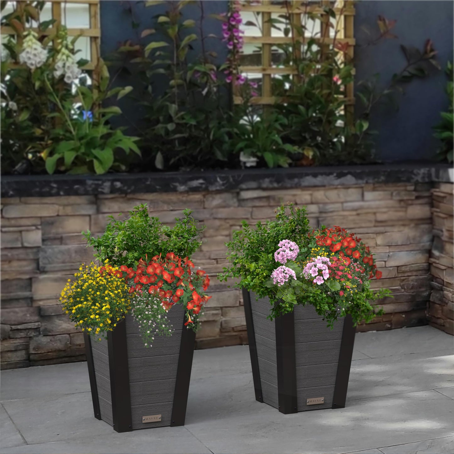 Mayne Vista 18in Outdoor Planter 2-Pack- Modern Tall Tapered Design with Drainage Hole for All Season Use - Ideal Front Porch Decor & Patio Planter - Easy Assembly