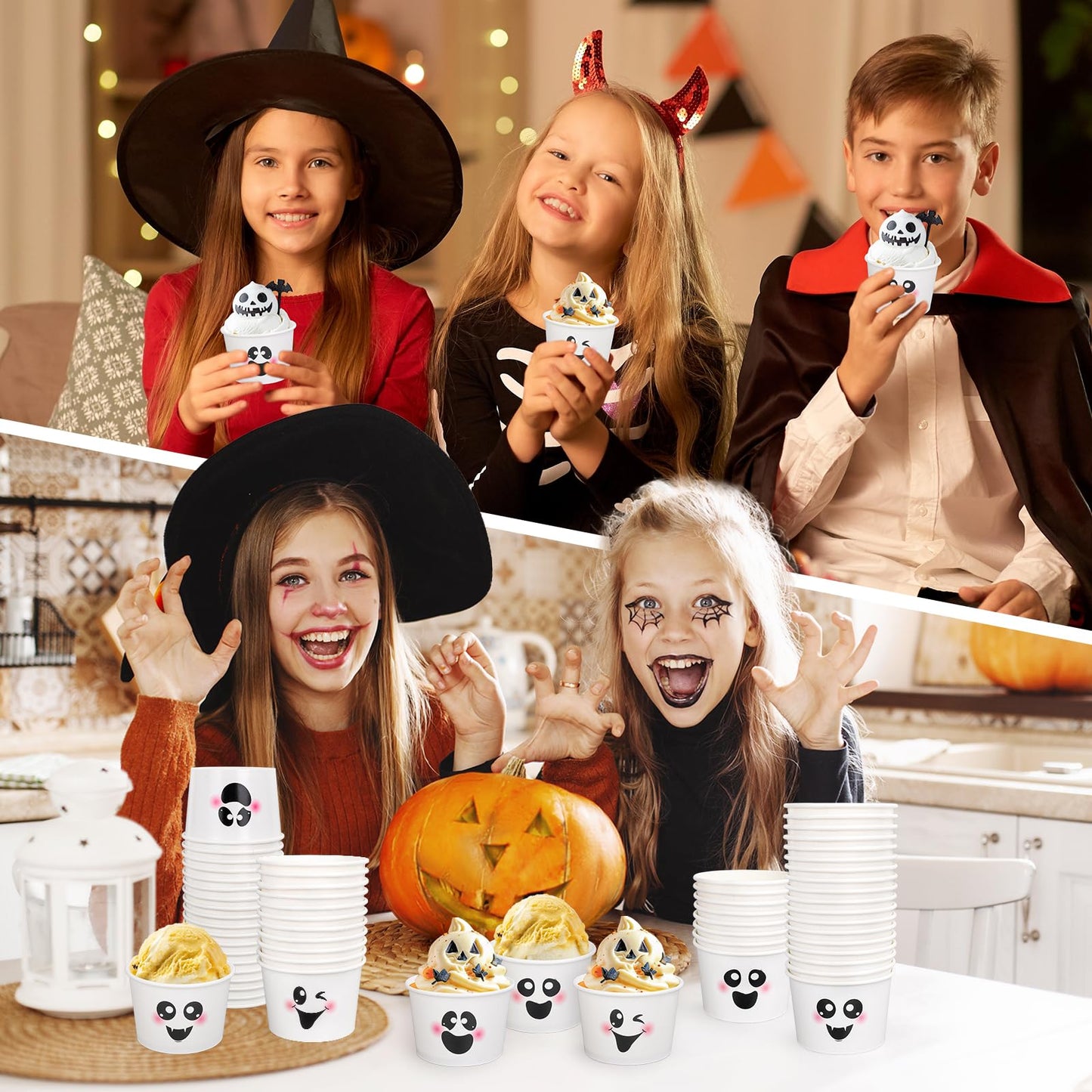 Whaline 48 Pcs Halloween Ghost Snack Cups White Boo Treat Disposable Paper Bowls 9 Oz Paper Cups Dessert Ice Cream Bowls for Trick or Treat Birthday Movie Party Favor Supplies