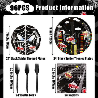 Andi Cppss Black Spider Birthday Party Supplies - 96PCS Black Spider Birthday Party Plates and Napkins Forks Disposable Tableware Birthday Parties Table Dinnerware Baby Shower Plates Serve 24 Guests