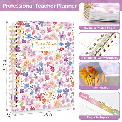SKYDUE Teacher Planner 2026-2027 Academic Year, 8.5" x 11" Lesson Plan Book, July 2026-June 2027, 162 Pages, Monthly Tabs, Stickers, Weekly Lesson Planning, Student Tracking & Classroom Organization, Floral