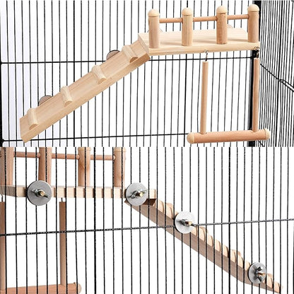 FrgKbTm Bird Perches Platform Swing with Climbing Ladder, Parakeet Cage Accessories Wooden Playing Gyms Exercise Sturdy for Small Birds