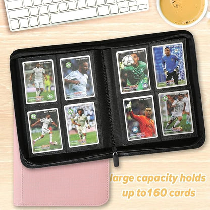 4 Pocket Ringless Side Loading Trading Card Binder, 160 Cards PU Fixed Page Zipper Card Album for TCG Sports Game Cards, Not Fit Top Loaders (Pink)