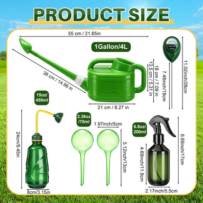 Reallnaive 6-piece Indoor Watering Can Set – 1 Gal Can, 6.8 oz Spray, 15 oz Squeeze, Plant Watering Globes & Soil Moisture Meter, Indoor & Outdoor Plant Care(Fluorescent Green)