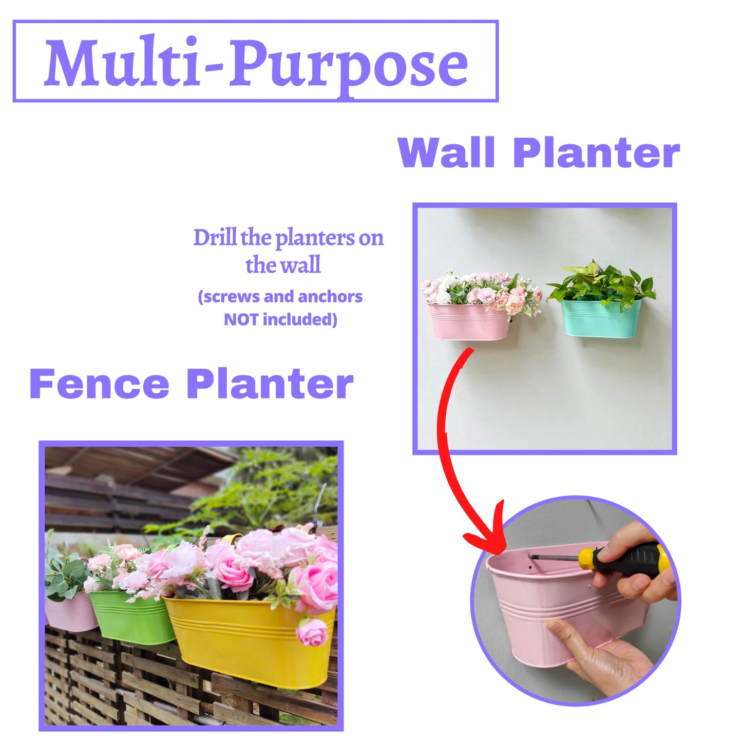 LaLaGreen Bundle - 4 Pack, 11.8 Inch Black + 6 Pack, 11.2 Inch Multicolor Rounded Metal Iron Hanging Flower Pot Wall Mount Modern Window Bucket Box Porch Deck Railing Fence Outdoor Garden Plant Holder