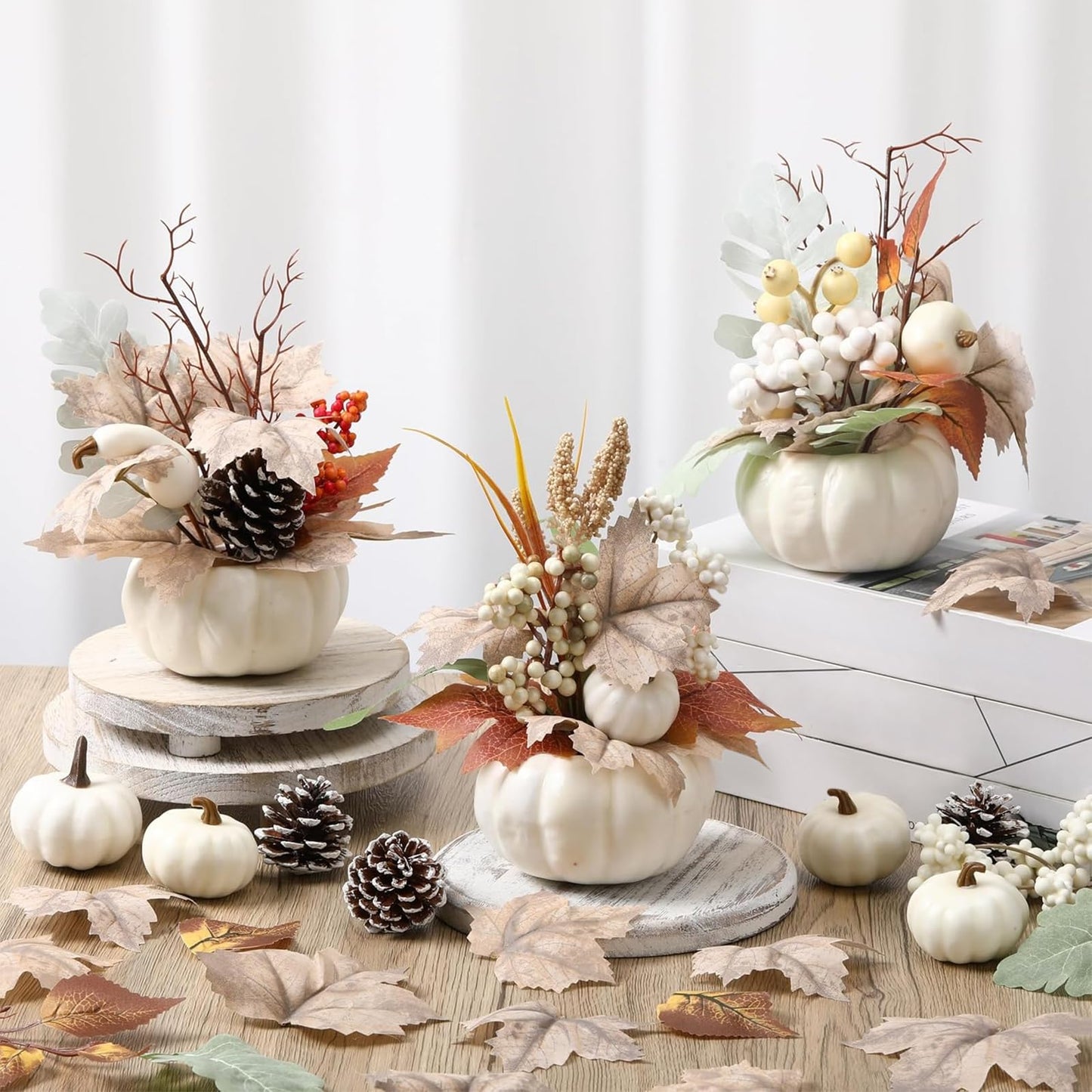 Wavwavw 3 Pcs 9 Inch Fall Artificial Pumpkins Fake Pumpkin Centerpiece Decor Cozy Maple Leaves Styles Farmhouse Neutral Fall Decor Autumn Rustic Thanksgiving Decoration for Home(White)