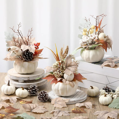 Wavwavw 3 Pcs 9 Inch Fall Artificial Pumpkins Fake Pumpkin Centerpiece Decor Cozy Maple Leaves Styles Farmhouse Neutral Fall Decor Autumn Rustic Thanksgiving Decoration for Home(White)