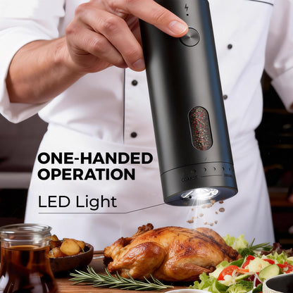 Elebatic 110ml Electric Salt and Pepper Grinder Set, Rechargeable salt and pepper shakers with LED Light, 2-Pack with Charging Base, External 6 Adjustable Coarseness, Holiday Gifts