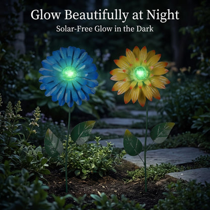 Topadorn Set of 2 Glow-in-the-Dark Flower Garden Stakes, 25" Metal Plant Picks with Shaking Heads, Weatherproof Yard Pathway Decor