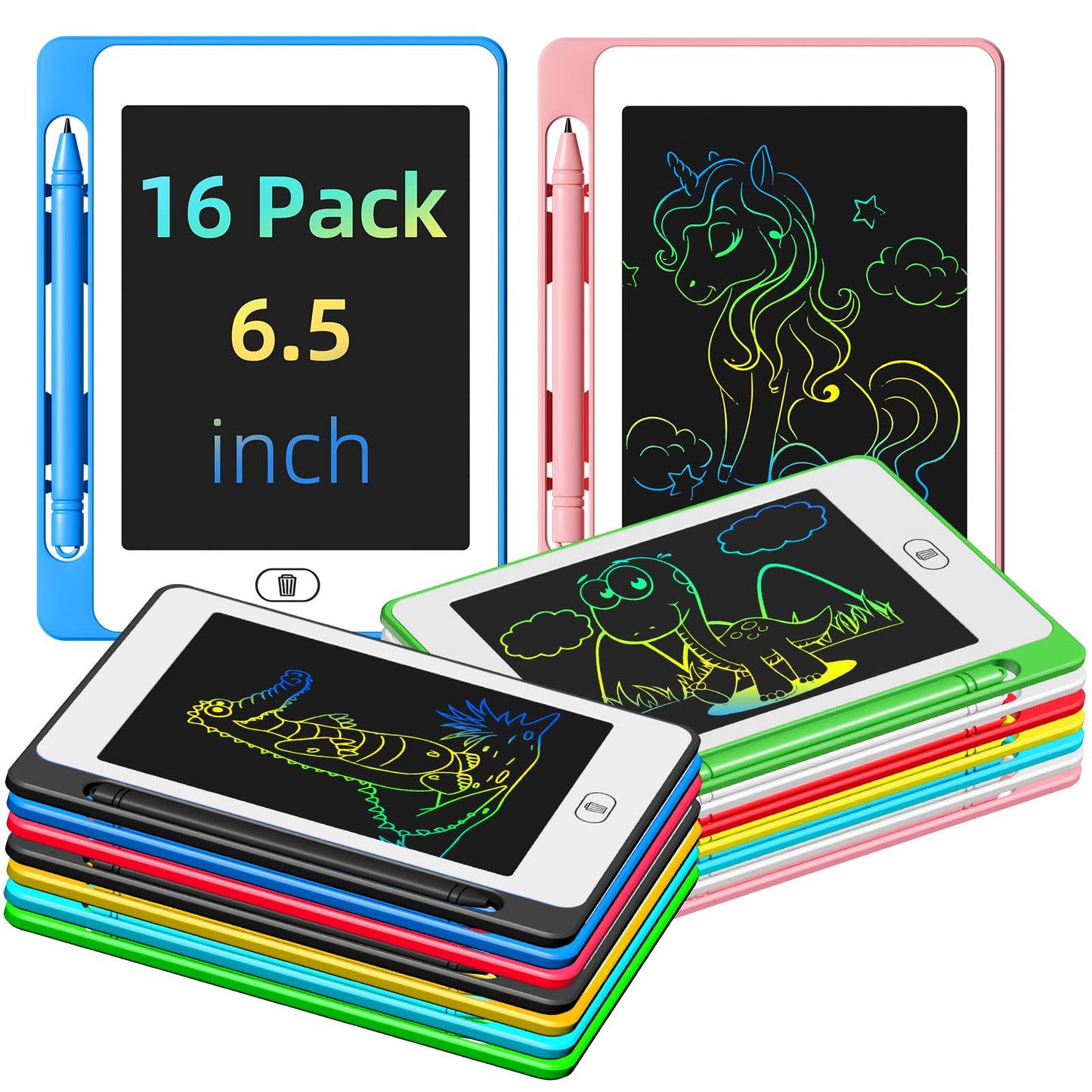Party Favor 16 Pack LCD Writing Tablet for Kids, 6.5 Inch Colorful Doodle Board, Erasable Reusable Electronic Drawing Pads, Educational Learning Toys Birthday Gifts for Girls Boys Age 3 4 5 6 7 8