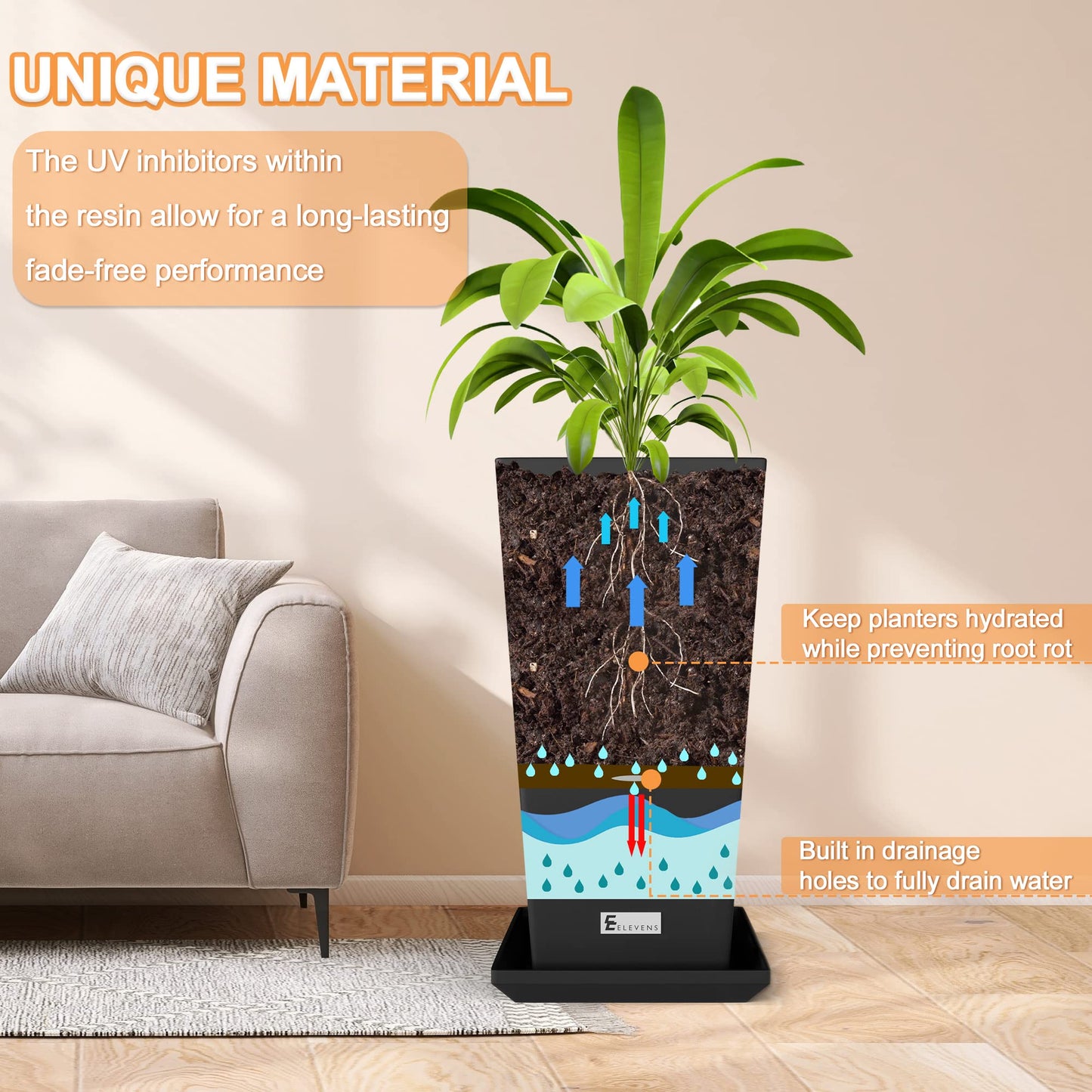 Elevens Outdoor Planter Larger Flower Pots Indoor Taper Garden V-Shape Tall Planters 28 inches Garden Pots Planter with 2 Trays - Black（2 Packs）, 28"-2 Pack (A-GE01002)