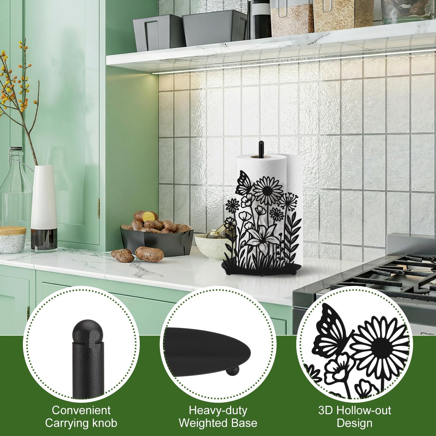 Yiyiring Wildflower Kitchen Countertop Paper Towel Holder Decorative Paper Towel Holder Black Metal Tissue Stand Kitchen Decor Accessories for Home Party Bathroom Countertop Dining Table