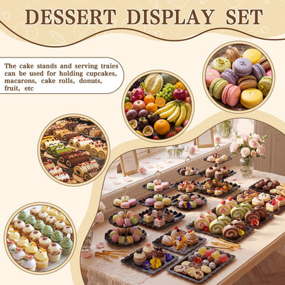 Remerry 16 Pcs Dessert Table Display Set 3 Tier Cupcake Stands Tower Holder Plastic Cookie Serving Trays Gold Serving Tongs for Tea Party Wedding Baby Shower Birthday Table Display(Black)