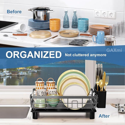 GAXmi Dish Drying Rack with Drainboard for Kitchen Countertop 1-Tier Grey | With utensil holder, Over the sink, Quick drainage, Space-saving, Large capacity