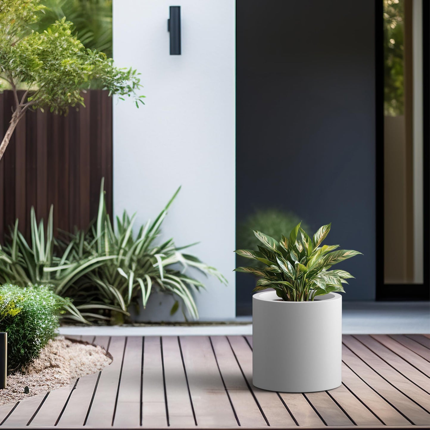 Kante 12.6" Dia Round Concrete Planter, Modern Style Large Cylindrical Plant Pot with Drainage Hole and Rubber Plug for Indoor Outdoor Patio, Pure White