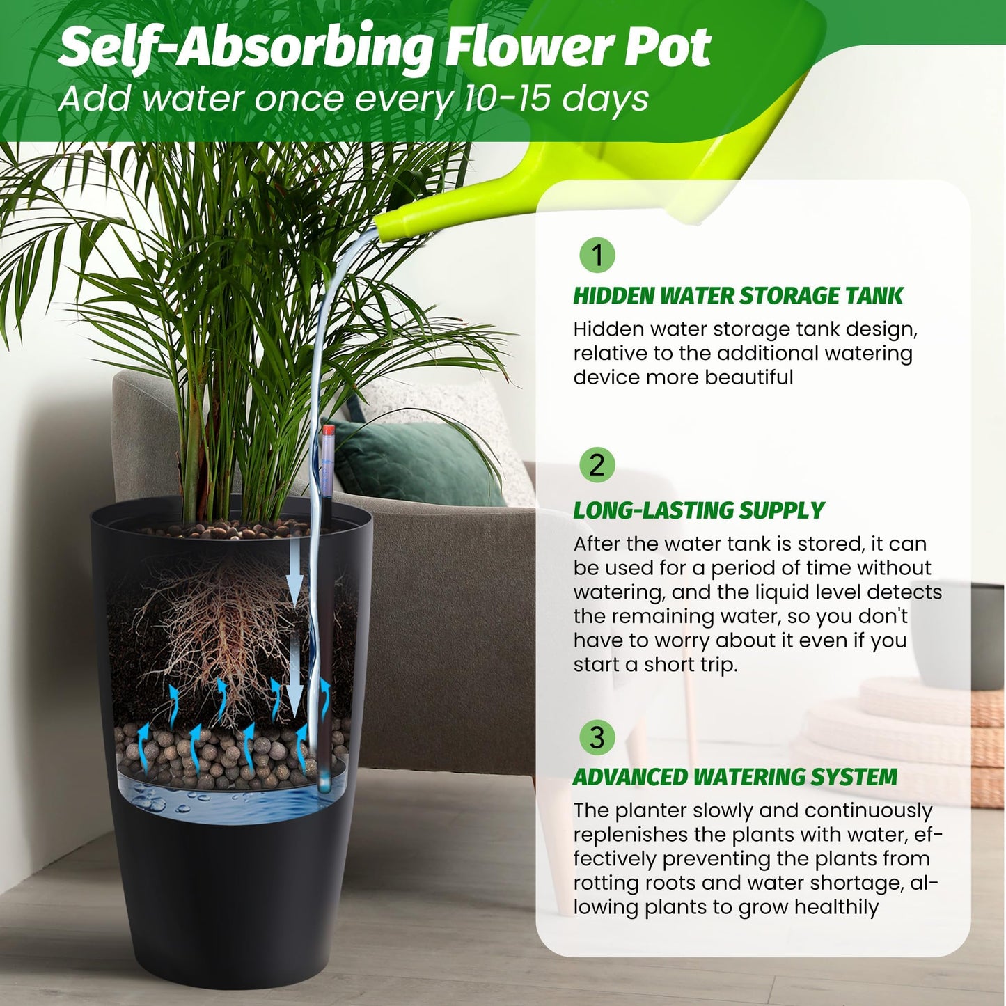 ActiveTrail 22 in Tall Planters Set of 2, Large Black Planters for Indoor & Outdoor Plants, Self Watering Pots with Water Level Monitor and Inner Bucket for Porch, Patio, Backyard