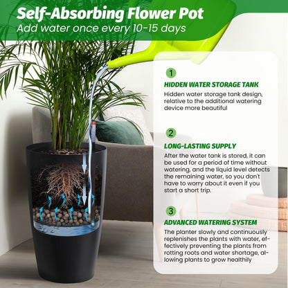 ActiveTrail 22 in Tall Planters Set of 2, Large Black Planters for Indoor & Outdoor Plants, Self Watering Pots with Water Level Monitor and Inner Bucket for Porch, Patio, Backyard