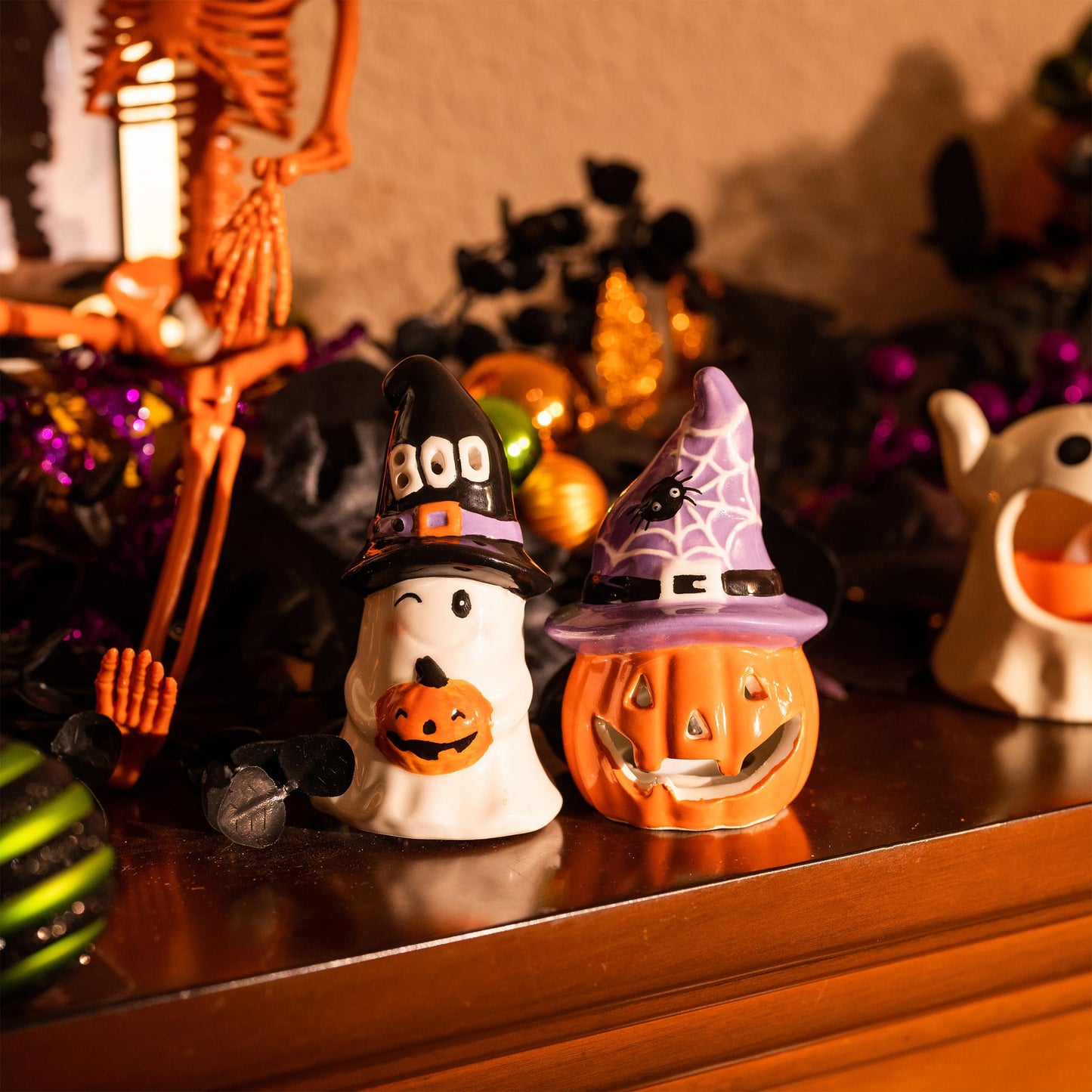 Valery Madelyn Halloween Decorations Indoor for Home, 2Pcs Ceramic Halloween Figurines with Light, Orange Jack o Lantern & White Ghost Decor with Spider Web Witch Hat for Table Tiered Tray, 4.1"