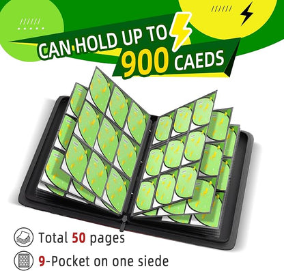 Trading Card Binder 9 Pocket,900 Pocket Card Collection Binder with 50 Removable Sleeves,PU Waterproof Top Card Book,3-Ring Zipper Collectible Trading Card Album for MTG/TCG/Card Holder Gift(Green)