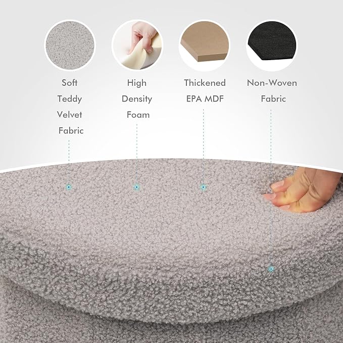 B FSOBEIIALEO Storage Ottoman Cube, Round Ottomans with Storage Foot Stool Footrest for Lving Room, Boucle Ottoman Seat for Dorm Room,Faux Teddy Fur, Grey 15"x15"x13.19"